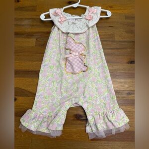 Bonnie Baby Pink White Floral Romper with Gold Accents & Bunny!